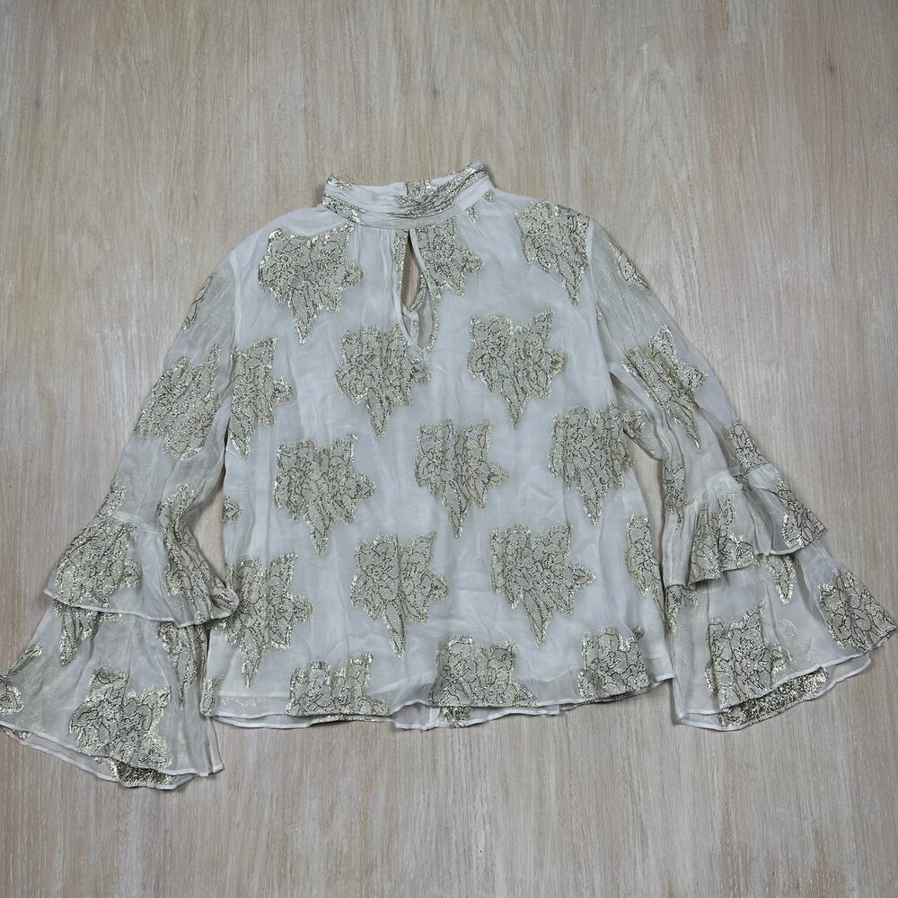 Miss Selfridge Gold Metallic Floral Embroidered Sheer Ruffle Sleeve Blouse US 10